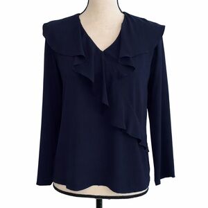 LOFT • Navy Blue Semi-Sheer Ruffle Blouse with Long Sleeves